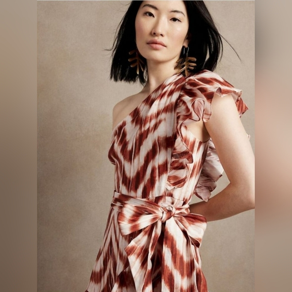Banana Republic NWOT One-Shoulder Linen Ruffle Brown Patterned Mini Dress - Picture 3 of 11